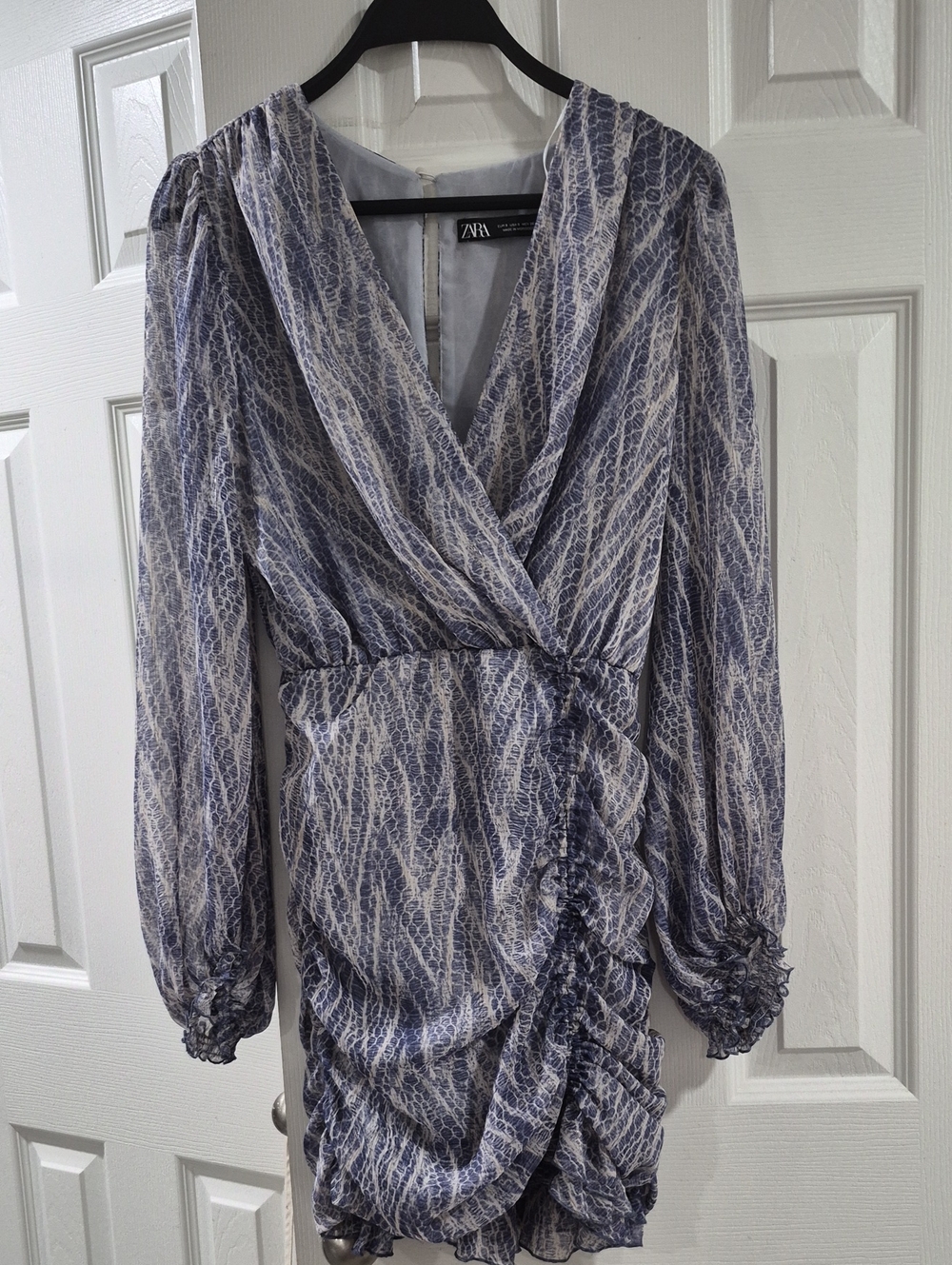 Zara Purple and White Printed Wrap Mini Dress with Ruching